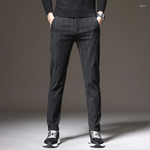 Pantaloni da uomo Pantaloni a righe elasticizzati primavera autunno Pantaloni da uomo in vita elastica in cotone Classico sottile e spesso da ufficio Corea Nero Grigio Casual