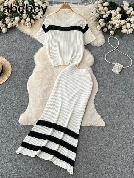 Arbeit Kleider Frühling Gestrickte Zwei Stücke Anzüge Lange Ärmel Top Bluse Hohe Taille Bodycon Meerjungfrau Rock Frauen Dünne Streetwear Sets