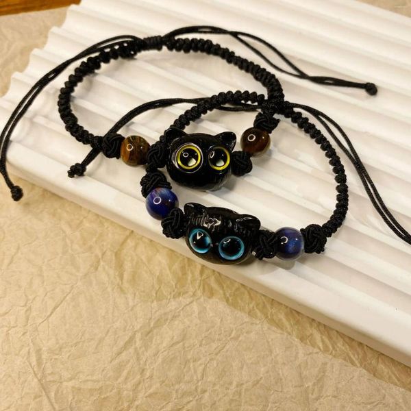Link pulseiras moda gatinho casal pulseira trançada corda bonito versátil cor preta amarelo aniversário jóias presente