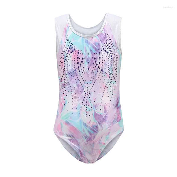 Abbigliamento da palcoscenico Body da ginnastica senza maniche per bambini e bambine con stampa a sublimazione in spandex con strass