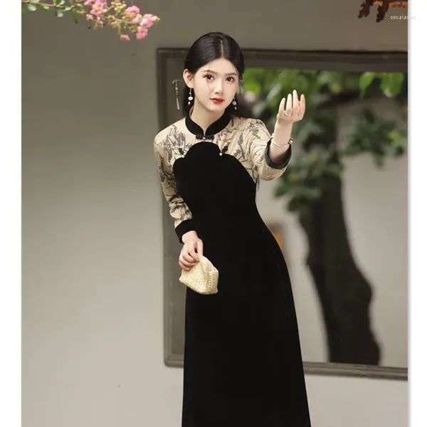 Roupas étnicas Estilo Chinês Preto Veludo Emendado Raglan Manga Qipao Mulheres Sexy Slim Fit Elegante Cheongsam Vestido Tradicional