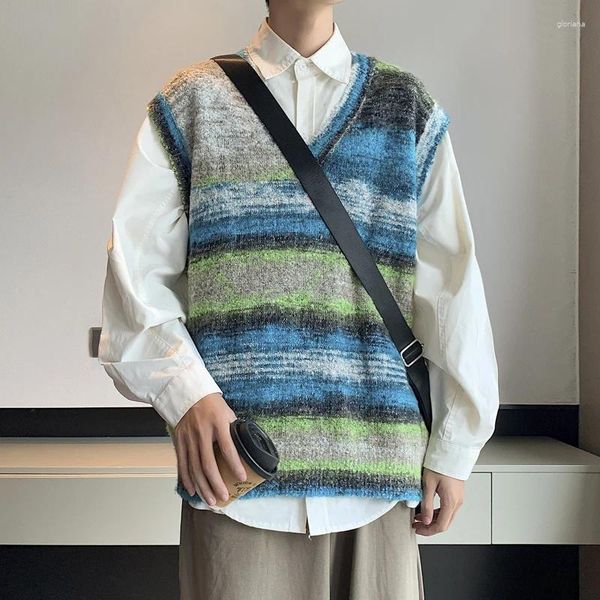Coletes masculinos japonês com decote em v cor combinando primavera outono causal solto high street outerwear malhas sem mangas suéteres roupas masculinas
