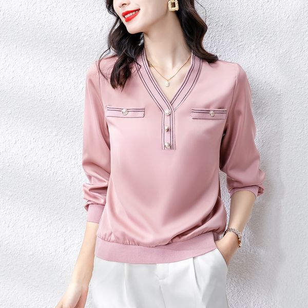 Mulher designer de seda rosa blusas manga longa com decote em v escritório senhoras blusa formal 2023 outono inverno casual versátil pista sólida cetim topos elegante mulher roupas