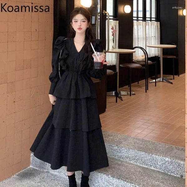 Vestidos casuais koamissa fahsion mulheres midi bolo vestido senhoras mangas compridas primavera v-pescoço sólido cintura fina uma linha vestidos gota