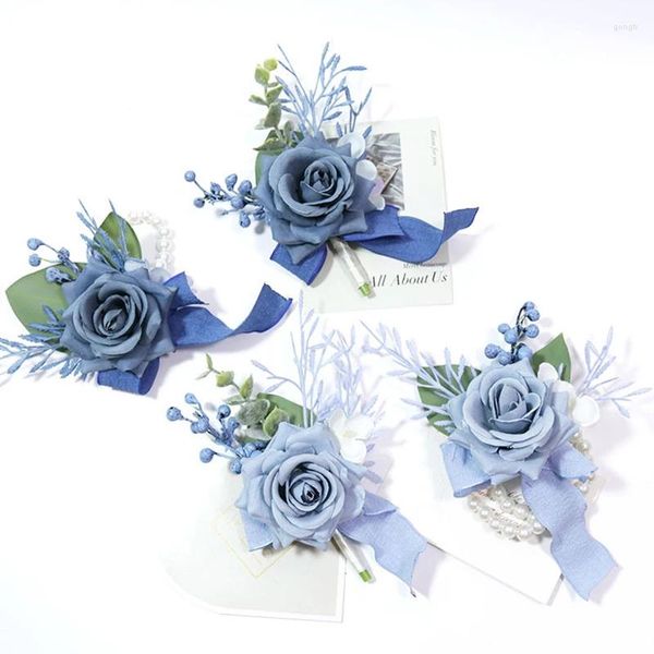 Fiori decorativi Yan Dusty Blue Wedding Polso Corsage Fiore all'occhiello per la sposa Damigella d'onore Sposo Prom Party Bracciali floreali Ritorno a casa