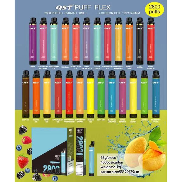 Puff Flex QST caneta vape descartável e kits de cigarro 2% 5% 0% 2800 puffs 8ML pré-preenchidos 28 cores VS XXL Plus MAX