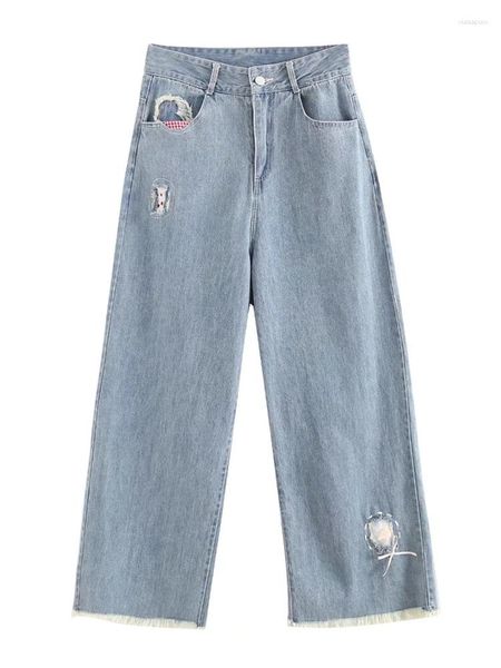 Женские джинсы, женские летние 2023, рваные прямые свободные брюки, светло-голубые шикарные повседневные джинсовые брюки