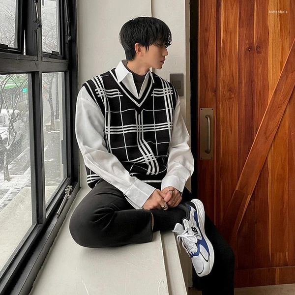 Coletes masculinos homens camisola colete estilo chinês vintage malha xadrez v-pescoço contraste cor oversized malha suéteres solto aconchegante outwear y118