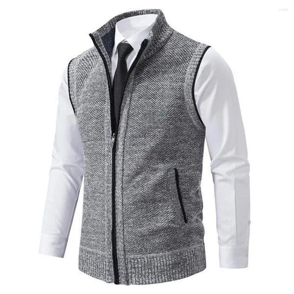 Coletes masculinos homens camisola colete elegante malha zíper gola sem mangas cardigan para trabalho casual wear