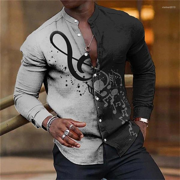 Camicie casual da uomo Camicia hawaiana di lusso con note stampate in 3D T-shirt a maniche lunghe in stile bicolore con colletto alla coreana Estate 2023