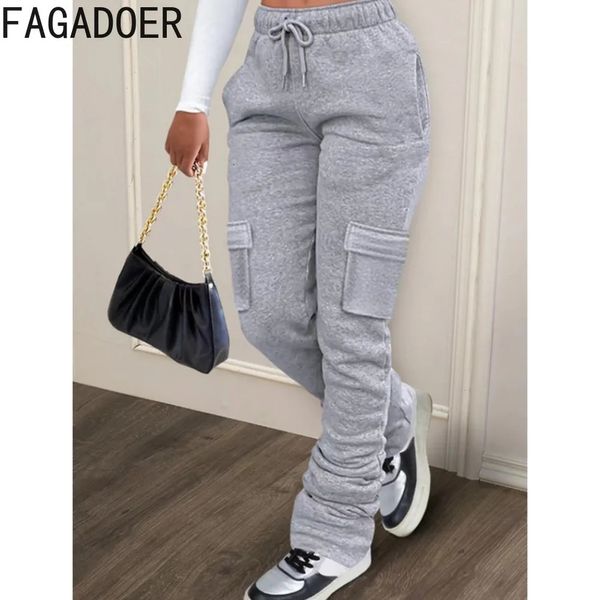 Calças femininas fagadoer cinza outono inverno cordão jogger mulheres cintura alta bolso empilhado calças casuais feminino esportivo sweatpants 231016