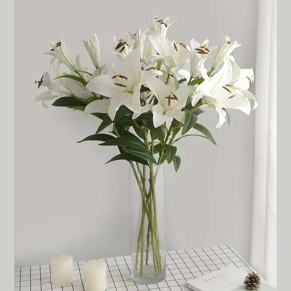 Fiori decorativi Flores Artificiales Simulato 3 grandi gigli artificiali Bouquet di fiori per la decorazione di nozze con vaso Home Decore