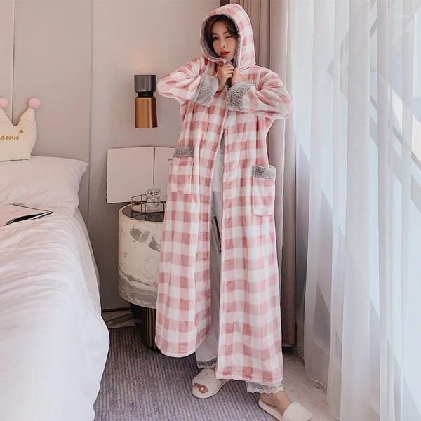Kadın pijama boş zamanları kadınlar sonbahar kış kalınlaşmış uzun süreli gece-rob, moda dışında giyilebilir güzel ekose pazen sıcak