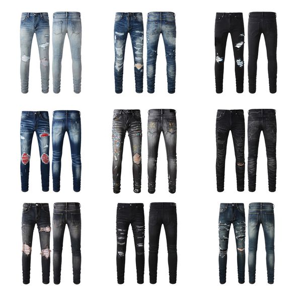 Jeans masculinos moda longa skinny jeans slim marca famosa hip hop designer jeans calça jeans desgastado rasgado motociclista jean preto azul carta calças impressas tamanho s-xl