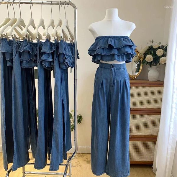 Pantaloni a due pezzi da donna Pantaloni eleganti da donna in denim con volant Cravatta senza spalline Top corto e jeans a gamba larga Abito ampio 2023 Abiti di moda