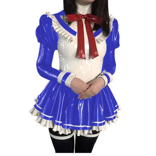 Brilhante pvc alta pescoço manga longa puff anime vestido de empregada doce uniformes de empregada clubwear traje de empregada fetiche roupas S-7xlAnime trajes