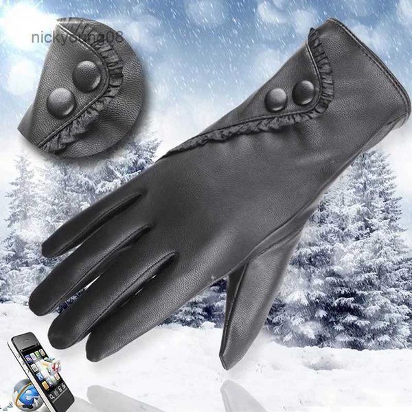 Fingerlose Handschuhe Neue Winter Damen PU-Leder Touchscreen-Handschuhe Mode Schwarz Fleece Gefüttert Vollfinger-Handschuh Elegante Outdoor-FahrhandschuheL231017