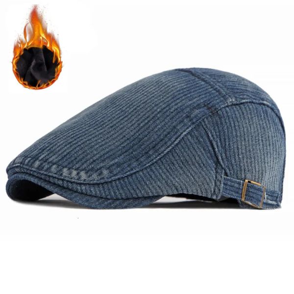 Berets de pelúcia inverno masculino boina chapéu clássico listrado azul blinders boné homem caminhão motorista pai chapéu denim sólido boina ajustável 231012