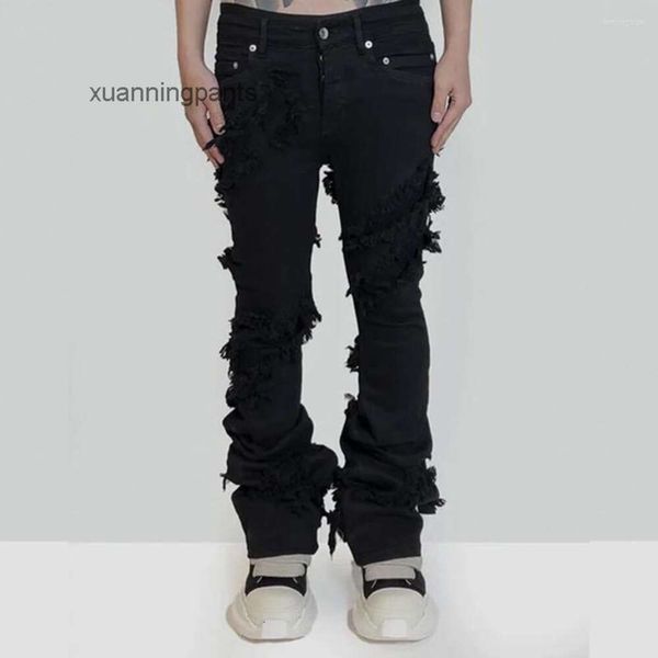 Jeans masculinos moda flared rasgado angustiado streetwear fitas longas pretas