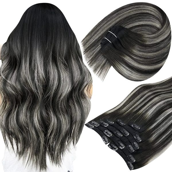 Spitze, voller Glanz, Clip-in-Haar, Schwarz, Balayage, Silber, 45,7 cm, 7 Stück, echtes menschliches Haar, natürliches Haar, doppelter Schuss, glatt, 120 g, 231016