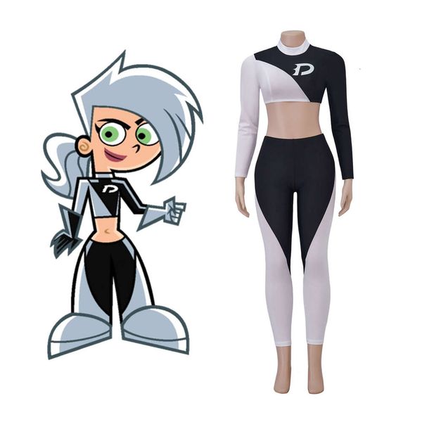 Danny Phantom Costume Cosplay Donna Danny Cosplay Nero Bianco Maniche lunghe Crop Top Pantaloni Set Costume da festa anime di Halloween