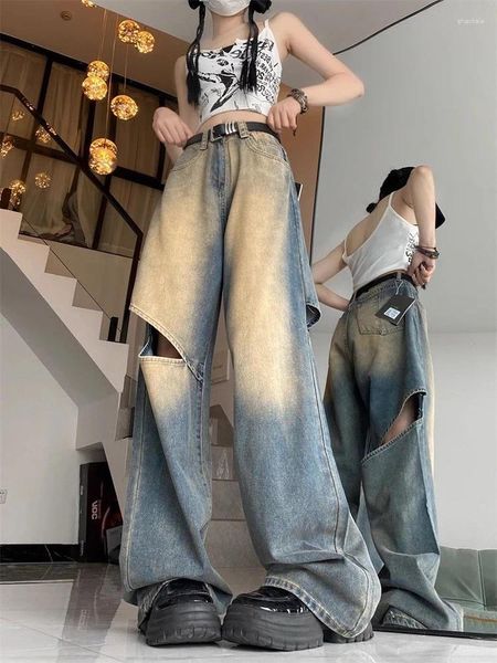 Jeans da donna Jmprs Streetwear Harajuku Hole donna Hip Hop scava fuori pantaloni denim americani pantaloni dritti Bf a vita alta larghi vintage