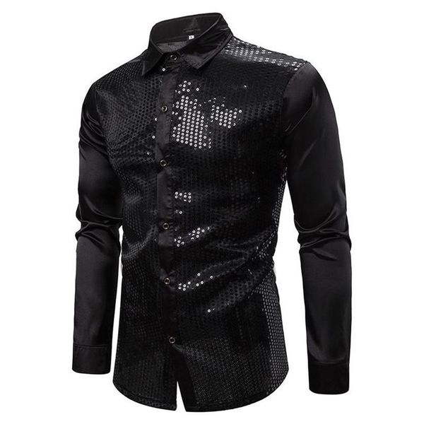 Camisas casuais masculinas homens preto manga longa botão para baixo vestido 2021 brilhante lantejoulas seda cetim camisa homens festa de negócios masculino chemi266s