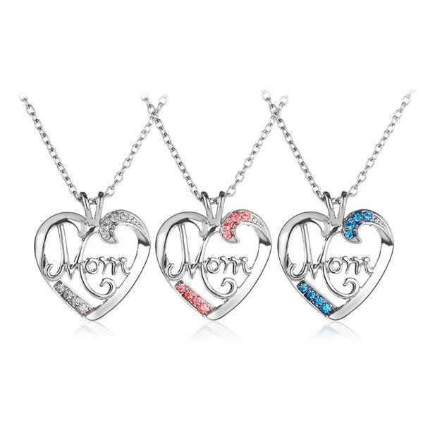 Mode Muttertag MOM Buchstaben Herz Anhänger Halskette Designer südamerikanische versilbert rosa blau Strass Legierung Damen Halsketten Schmuck Halsreifen Mama Geschenk