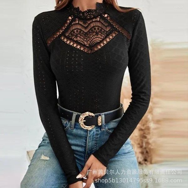 Suéteres femininos 2023 cor sólida renda elegante versão regular preto recorte moda casual top