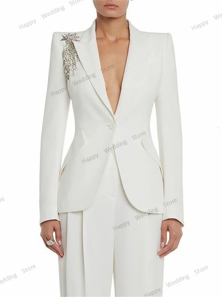 Ternos femininos blazers cristal branco feminino ternos conjunto para casamento 2 peças blazerloose calças elegante jaqueta ocasiões especiais vestido de baile feito sob encomenda 231017