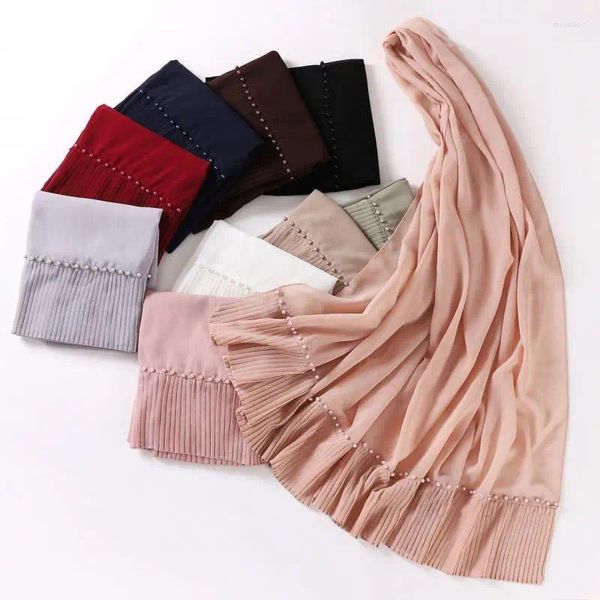 Schals, malaysische Mode, Kopftücher, einfarbig, Chiffon, langer Schal, plissierte Perlenschals, Eid muslimische Frauen, Hijab, Wraps, Stirnband, Turban