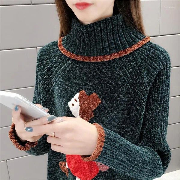 Frauenpullover 2023 Frühling und Herbst Chenille Rollkragenpullover Weibliche Stickerei Cartoon Bild Pullover Lose Gestricktes Basishemd