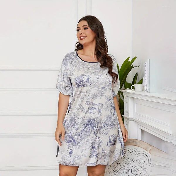 Kadın pijama büyük boyu xl-4xl o boyun nightgown gevşek kadınlar kısa baskı ev elbisesi elbise şezlongları yaz geceleme iç çamaşırı