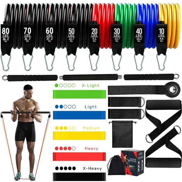 Faixas de resistência 22pcs Pilates Bar Kit Set 360LBS 200LBS Elastic Latex Pull Rope Home Gym Bodybuilding Workout Fitness 231016