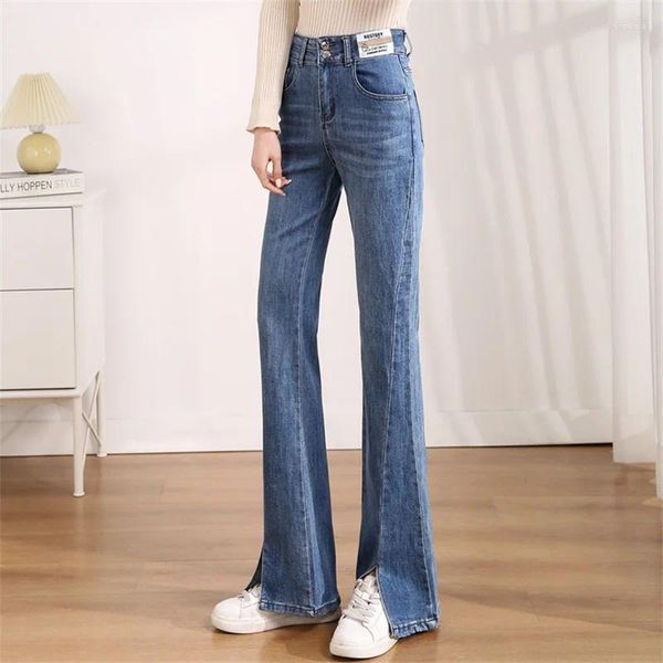 Женские джинсы 2023, весна и осень, с высокой талией, с разрезом, микро-клеш, высокие тонкие повседневные брюки для мытья полов