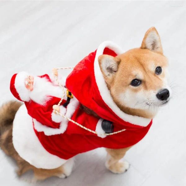 Trajes de gato Papai Noel Traje de cão festivo animal de estimação Natal equitação em casaco xadrez quente com capuz Natal para gatos