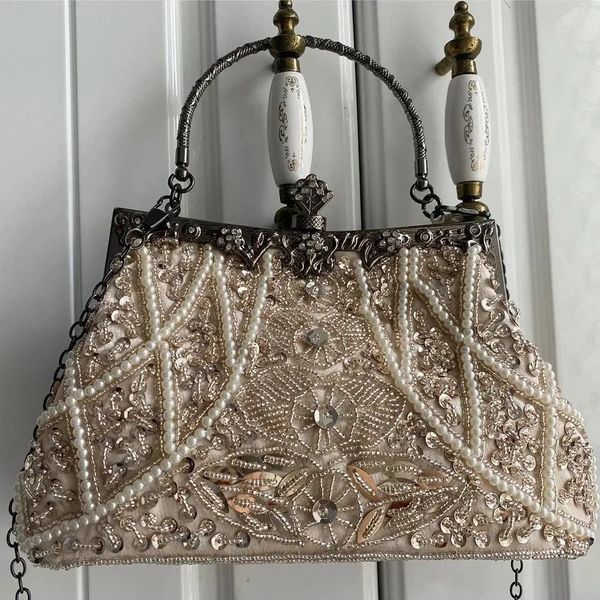 Evening Bags Lost in Vintage Evening Handbag Pearl Beaded Pattern Clutch Purse with the 2 Detachable Removalbe Shoulder Chain Formal Party 231016