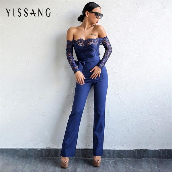 Yissang omuz dantelli kadınlar tulum siyah uzun kollu takılmış seksi romper sırtsız playsuit maccao feminino y1905196y