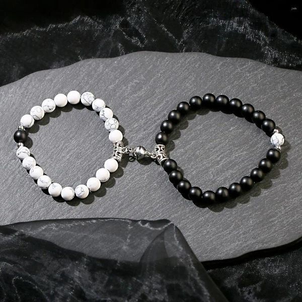 Strand 2 Pz/set Coppia Magnete Braccialetti con ciondolo a Forma Rotonda 8mm Bianco Nero Pietra Distanza Braccialetti per Donna Uomo Pulsera Gioielli Regalo