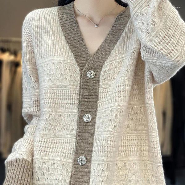 Kadın Sweaters 23 Erken Bahar Gelişler 100 Saf Kaşmir Hardigan V yakalı Jacquard Hollow-Out Koreli Coat Sweater Yün Örtü