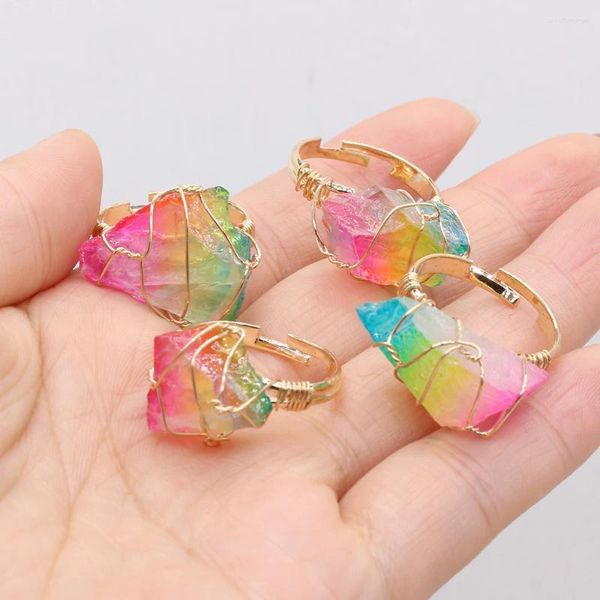 Anéis de cluster colorido pedra de cristal natural irregular envoltório de fio cura áspero ouro-cor anel de quartzo redimensionável para presente feminino