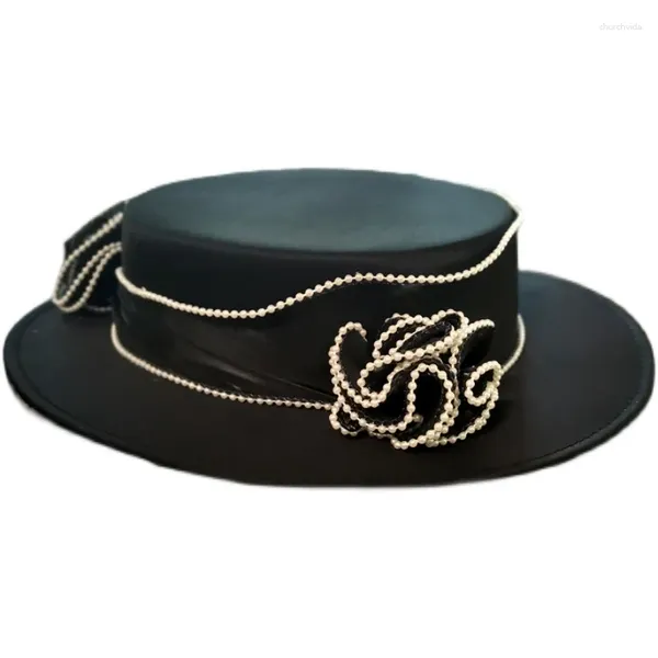 Береты в английском стиле, женская черная свадебная шляпа, элитная атласная шляпа с жемчужными полями и бантом, элегантная женская шляпа для коктейля, банкета, вечеринки
