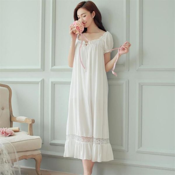 Vestido de noite longo branco camisola feminina algodão manga curta sexy nightwear vestido vintage sleepwear pijama nightdress269q