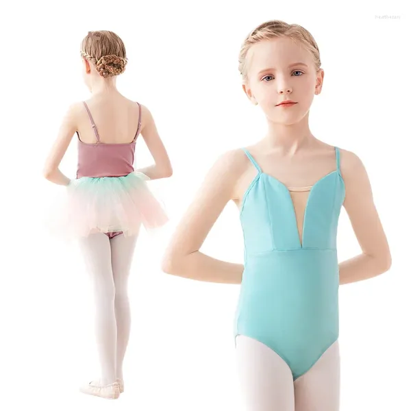 Abbigliamento da palco Body da ballo a canotta per ragazze Spalline regolabili in cotone Spalline Costumi da balletto Maglia classica con scollo a V 2 strati sul petto