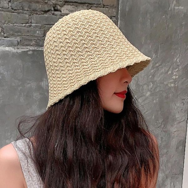 Geniş Memlu Şapkalar Sonbahar Bahar Kadınlar İçi Boş Kova Vintage Düz Renk Nefes Alabilir Yuvarlak Üst Saman Dış Mekan Küçük Güneş Vizörü