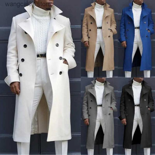 Erkek yün harmanları moda beyaz uzun ceketler hendek yünleri karışıyor erkek palto uzun trençkot çift göğüslü palto ceket sokak kıyafeti partisi gevşek jacke t231017