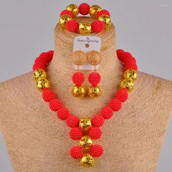 Collana Orecchini Set Majalia Moda Gioielli da sposa africani Rosso Nigeria Perline di plastica HH-08