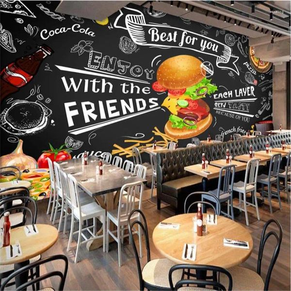 Wallpapers estilo ocidental fast food decoração industrial 3d mural papel de parede hambúrguer batatas fritas frango pizza restaurante snack bar papel de parede