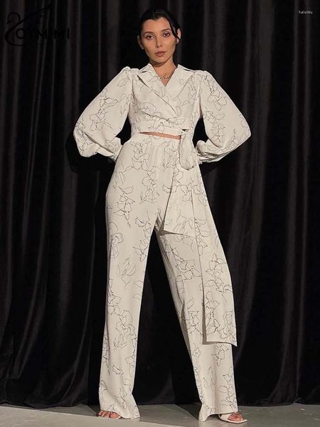 Calças femininas de duas peças Oymimi moda bege conjunto de impressão para mulheres elegante manga longa lace-up blusas de colheita e cintura alta conjuntos retos