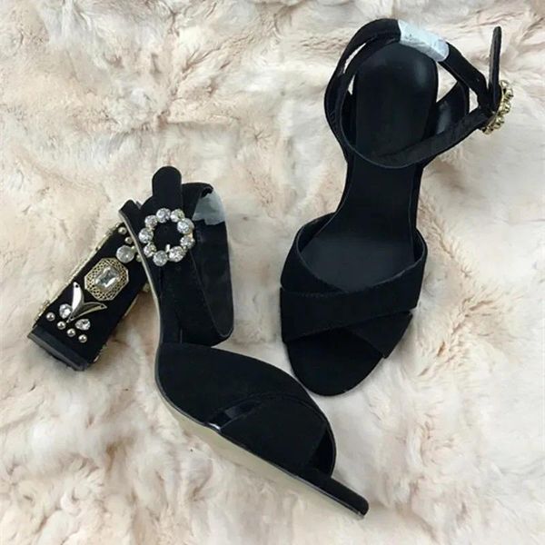 Sandálias de luxo camurça couro sexy cristal capa chunky salto mulheres sandália preto senhoras tornozelo fivela diamante salto alto sapatos de casamento